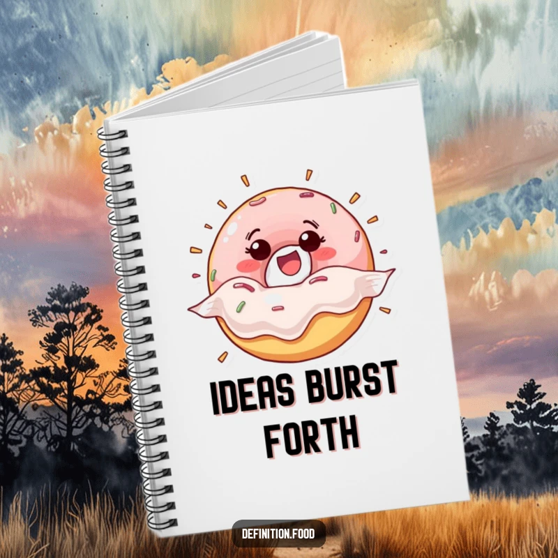 Funny happy donut character bursting from its wrapper on a notebook cover, perfect for cheerful note-taking and journaling.