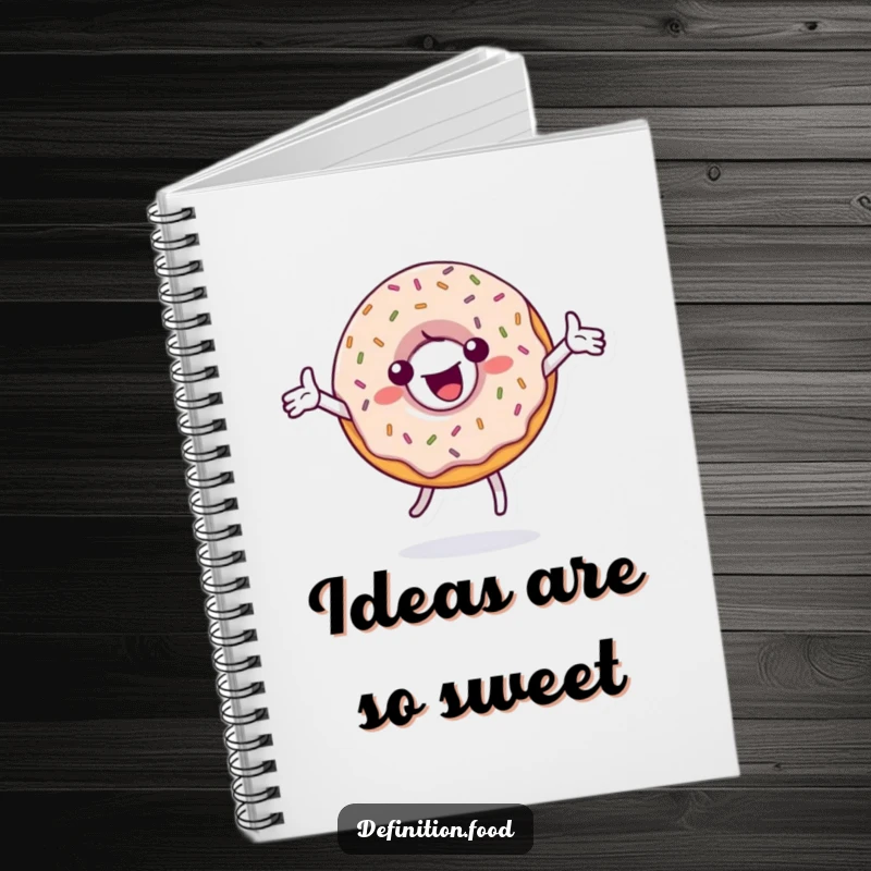 Funny notebook with a spinning, sprinkle-covered donut character, ideal for jotting down notes and dreams with a dose of sweetness.