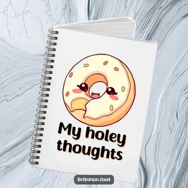 Funny notebook with a happy donut with a bite taken out, winking at the viewer, great for notes.