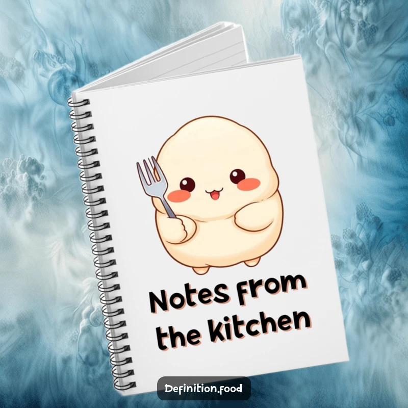 Funny Notebook with a proud dumpling with rosy cheeks holding a tiny fork on the cover, perfect for foodie notes.