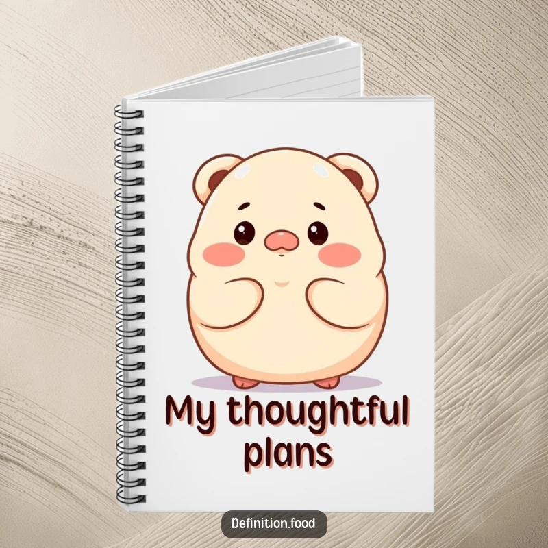 Funny dumpling character notebook, looking thoughtful, for jotting down insightful ideas.