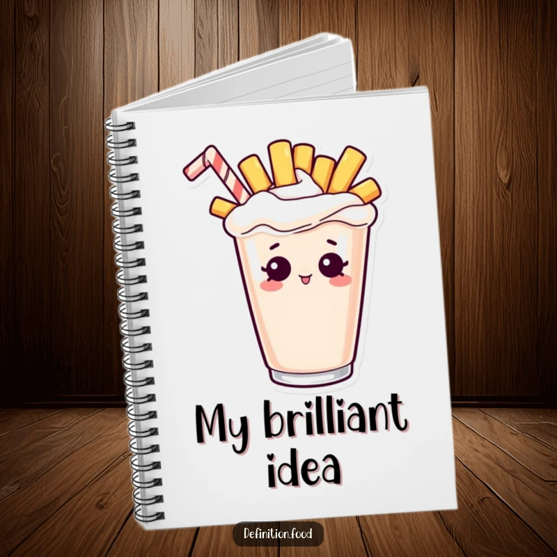 Funny notebook with a curious french fry character peeking out of a milkshake, inspiring creative ideas.