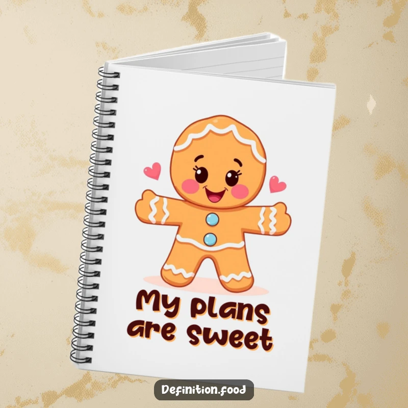 Funny joyful gingerbread man drawing a whimsical food illustration inside a notebook, perfect for creative note-taking.