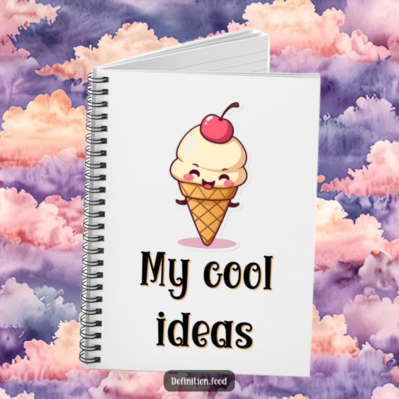 Funny notebook with a delighted ice cream cone character wiggling its cherry topping, ideal for jotting down sweet ideas with flair.
