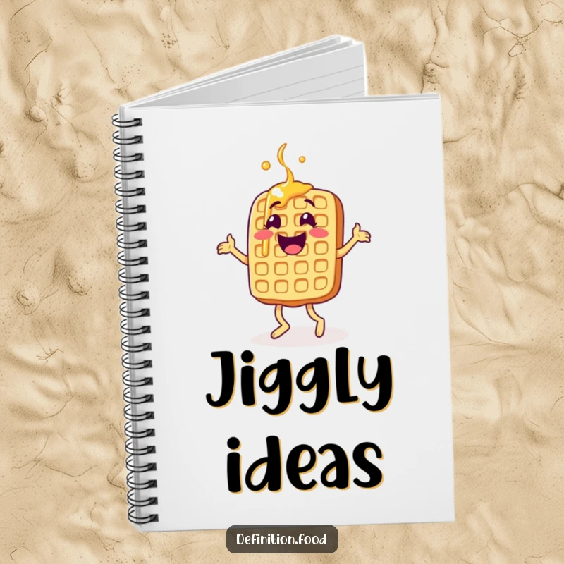Funny waffle notebook, cover features a happy character doing a jig, ideal for journaling, a fun funny gift.