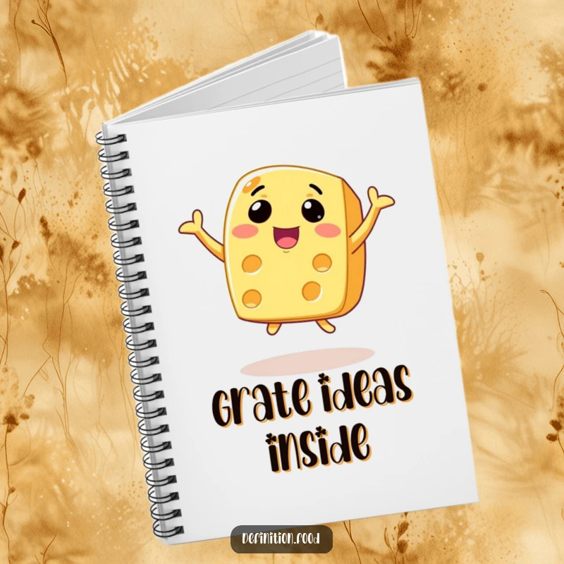 Funny animated cheese notebook with a wide smile, joyfully leaping across the cover.