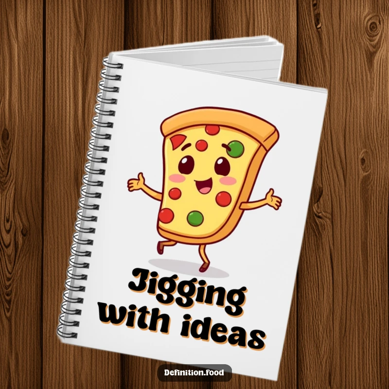 Funny pizza notebook with a playful slice of pizza character doing a little jig, perfect for notes and doodles.