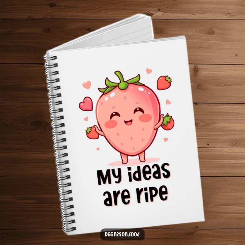 Funny blushing strawberry character juggling small food shapes inside a notebook, inspiring creative and humorous note-taking.