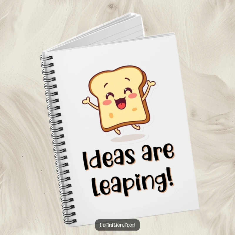 Funny surprised toast notebook with a smiling, buttered toast slice in a dynamic, humorous leap.