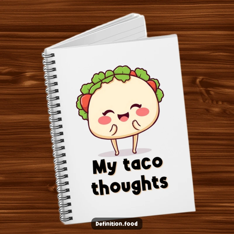 Funny notebook cover with a smiling taco on tiny legs, winking and offering a bite, perfect for humorous note-taking.