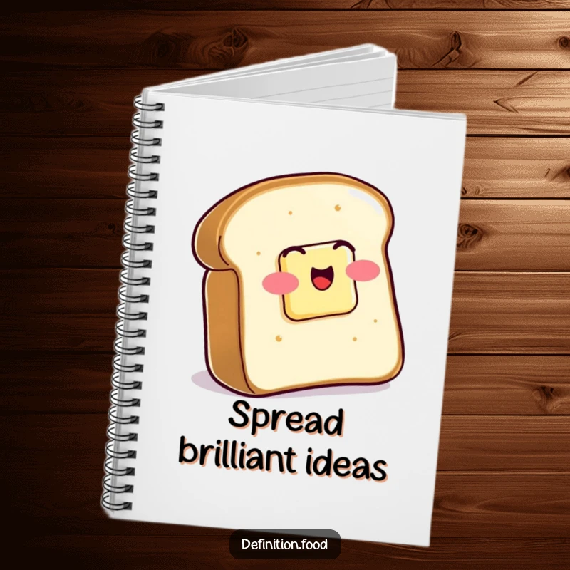 Funny Notebook with a slice of buttered toast wiggling with glee on the cover, perfect for jotting down delicious ideas.