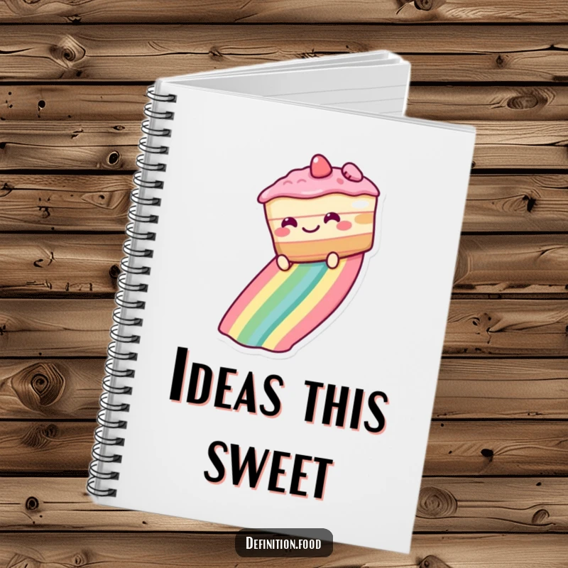 Funny Notebook with a grinning cake sliding down a rainbow on the cover, inspiring fun ideas and creative writing.