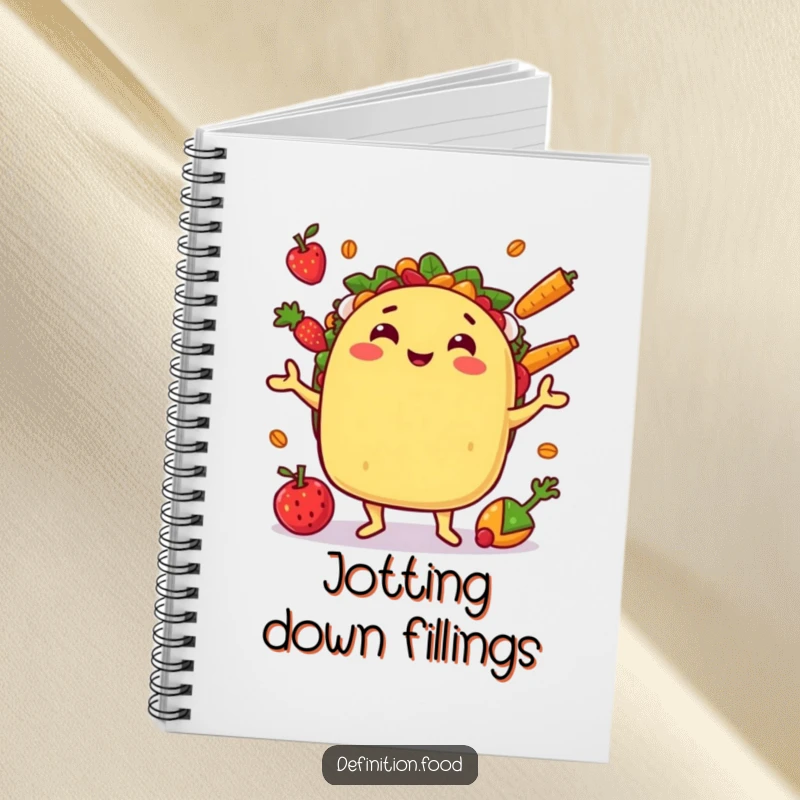 Funny notebook with a juggling taco character, ideal for capturing ideas with festive humor.