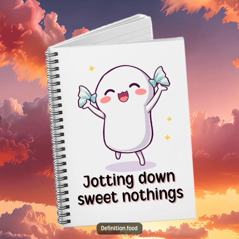 Funny dancing candy notebook with a shimmering wrapper, featuring an excited candy ready to jot down notes.