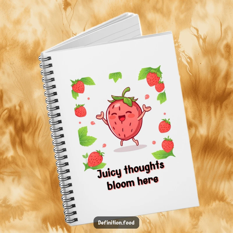 Funny joyous strawberry character doing a happy dance with leaves, perfect for note-taking in this cheerful notebook.