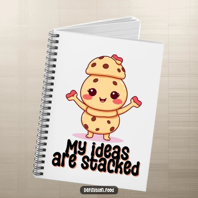 Funny notebook with a giggling cookie character balancing a stack of tiny pastries, ready to capture your brilliant ideas.