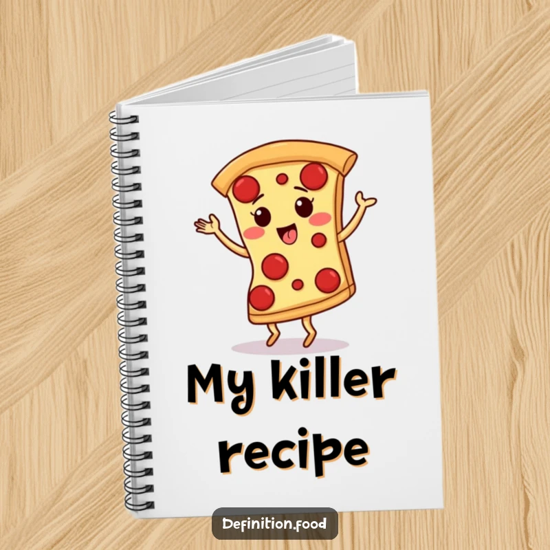 Funny notebook cover with a giggling pizza slice with pepperoni spots dancing the tango, inspiring creativity and humor.