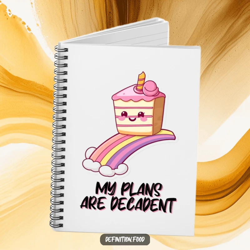 Funny grinning cake notebook sliding down a rainbow, ideal for journaling with sweet, magical humor. Ideal funny gift.