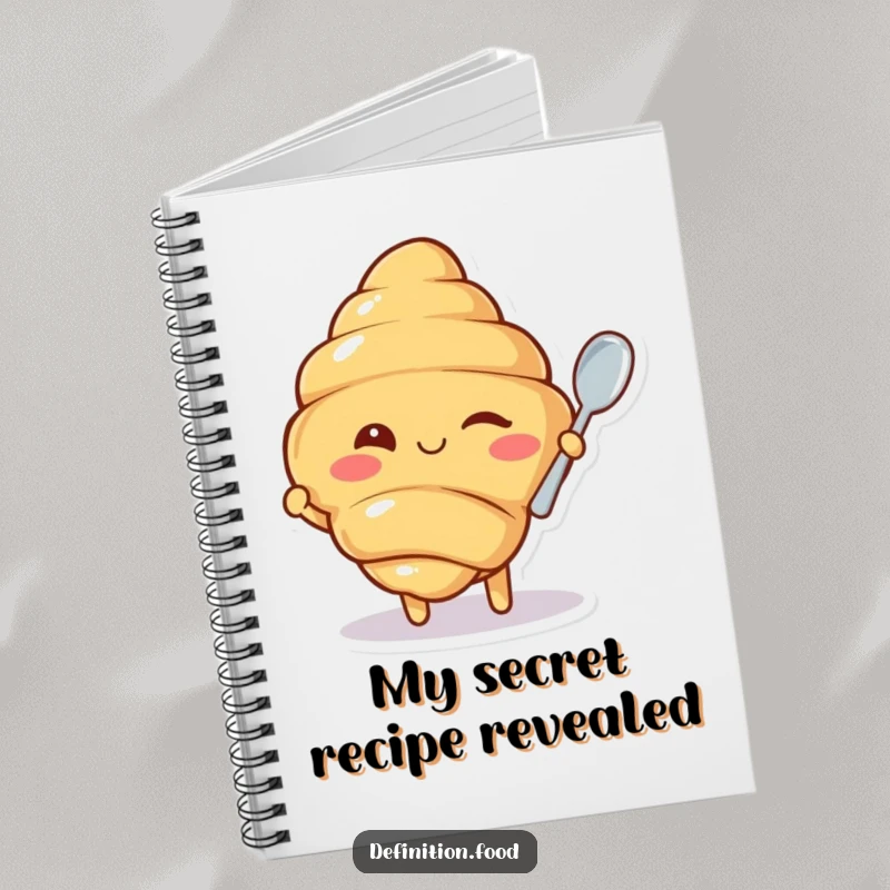 Funny notebook with a winking croissant character offering a tiny spoon, ideal for capturing notes and ideas with a hint of humor.