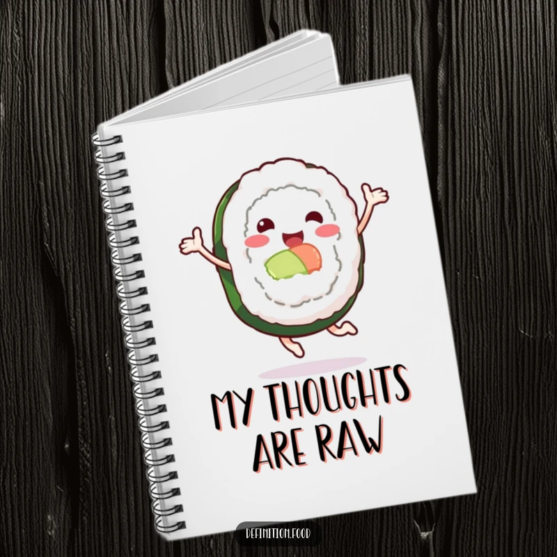 Funny notebook with a leaping sushi roll character, ideal for capturing ideas with energetic humor.