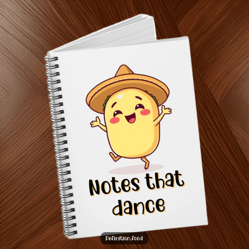 Funny happy taco notebook with a taco in a sombrero, energetically salsa dancing across the cover.