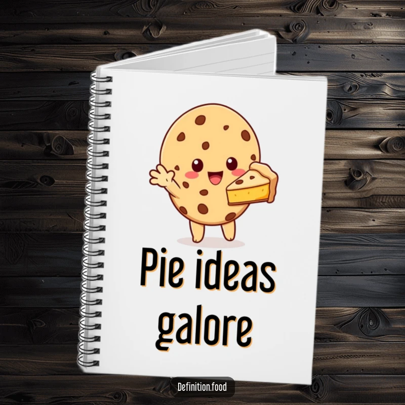 Funny cookie character offering a slice of pie on a notebook cover, perfect for journaling and note-taking with a message of sharing.