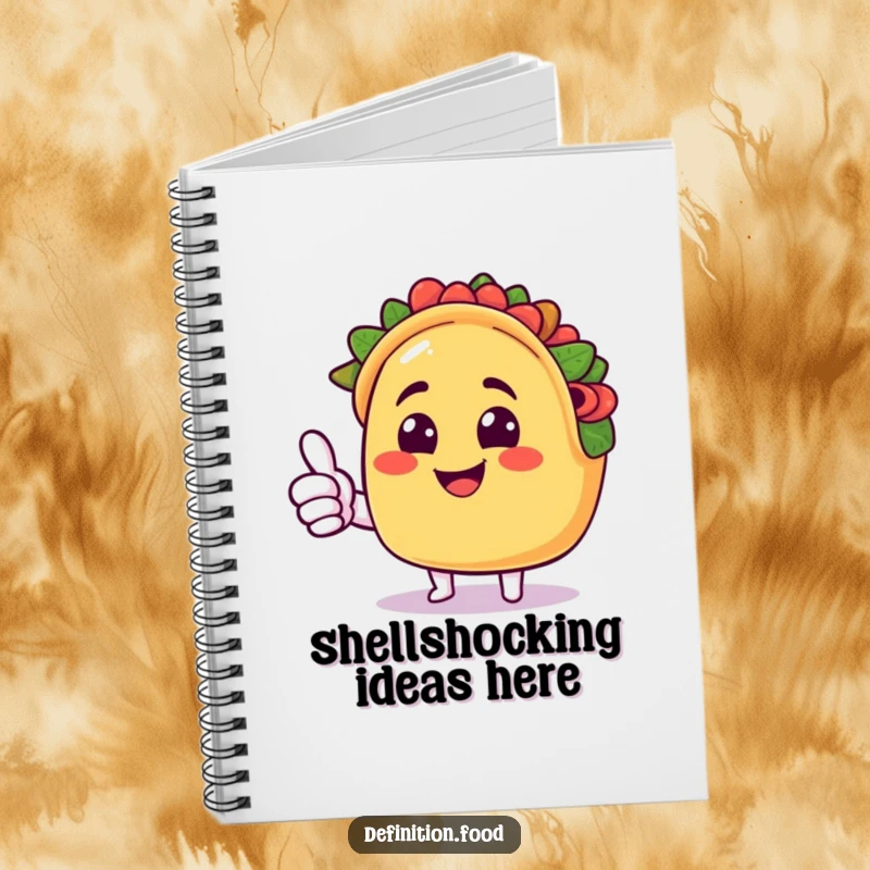 Funny taco notebook with a smiling taco character giving a cheerful thumbs up, perfect for writing and sketching.