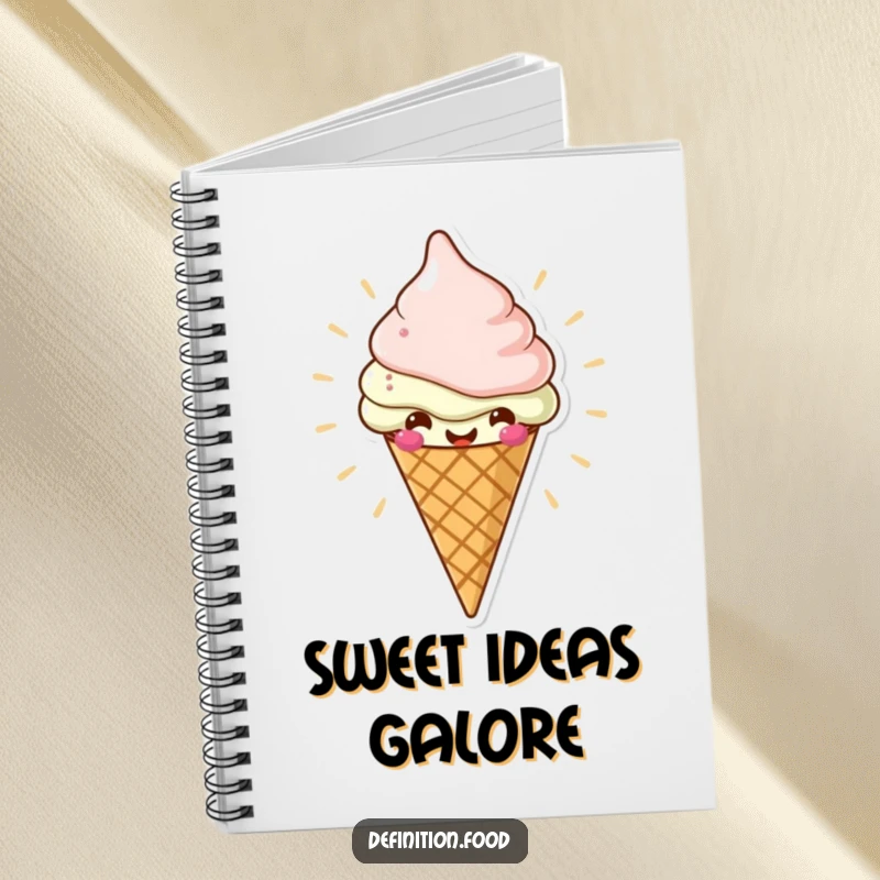 Funny notebook featuring a cheerful ice cream cone character radiating deliciousness, perfect for notes and doodles, a funny gift.