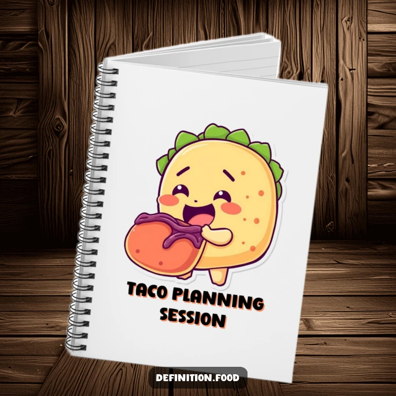 Funny notebook cover illustration of a happy taco character taking a huge bite, perfect for note-taking and culinary inspiration.