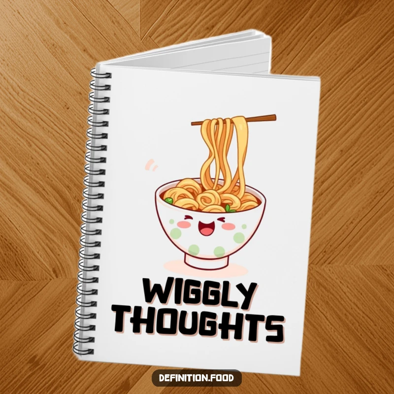 Funny ramen notebook, cover features a bowl of noodles wiggling playfully, ideal for journaling, a fun funny gift.