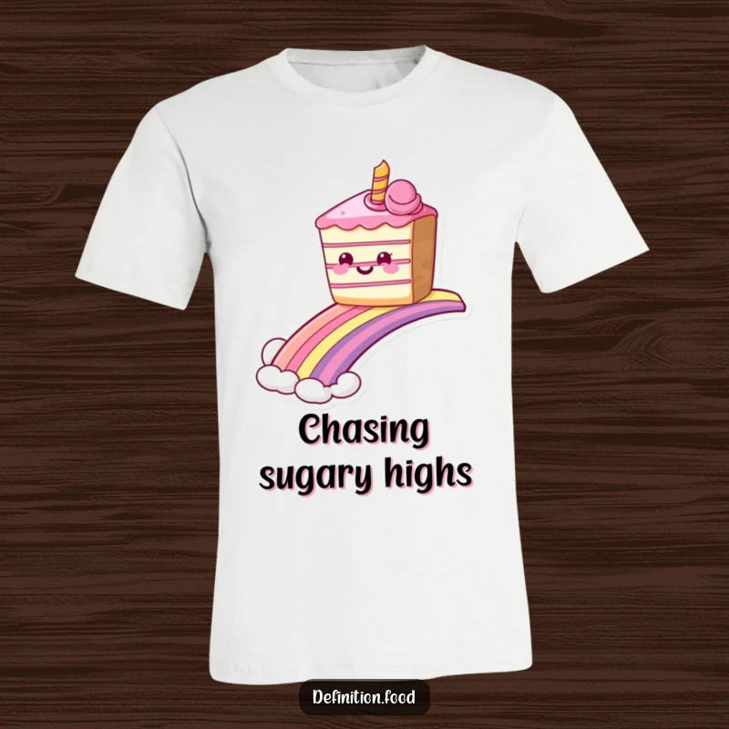 Funny grinning cake T-shirt sliding down a rainbow, perfect for those who love sweet adventures. Great funny gift.