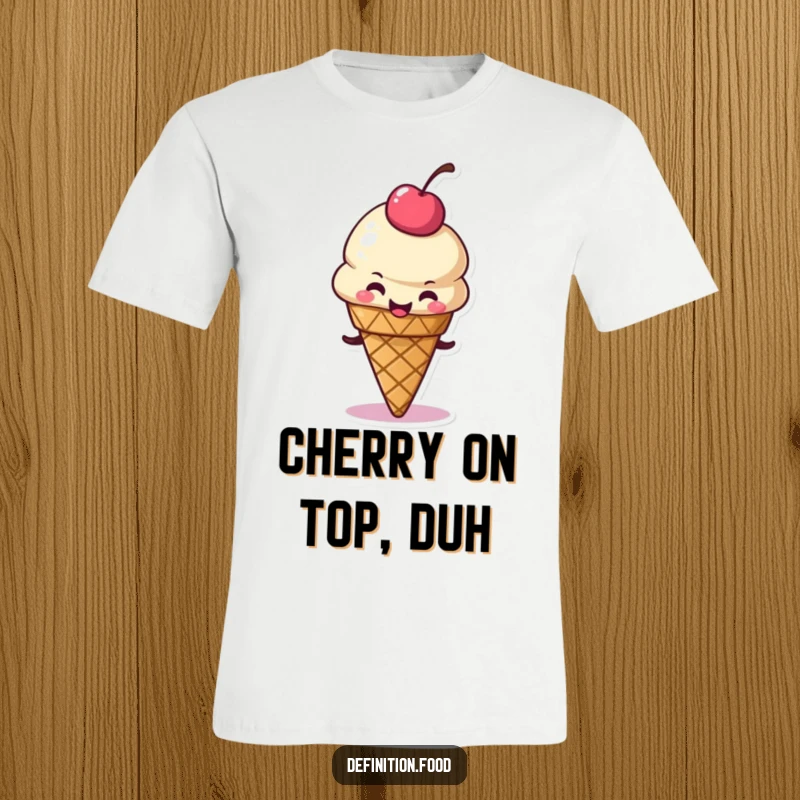 Funny t-shirt with a delighted ice cream cone character wiggling its cherry topping, perfect for those who love sweet and fun vibes.