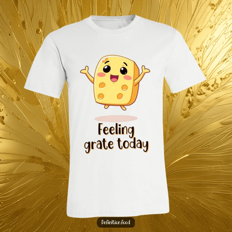 Funny animated cheese t-shirt featuring a wide-smiling cheese slice joyfully leaping high in the air.