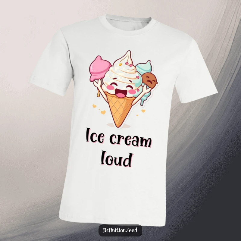 Funny ice cream t-shirt, a gleeful character cheering loudly, multiple scoops, a fun and funny gift.