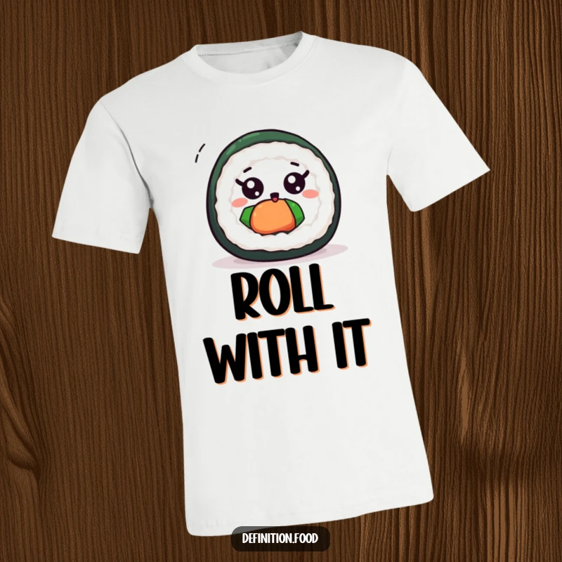 Funny cute sushi roll t-shirt featuring wide eyes and a dynamic, excited spin, perfect for sushi fans.