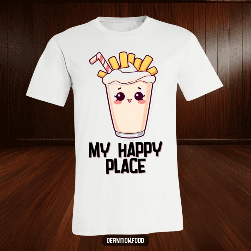 Funny t-shirt with a curious french fry character playfully peeking out from a delicious-looking milkshake.