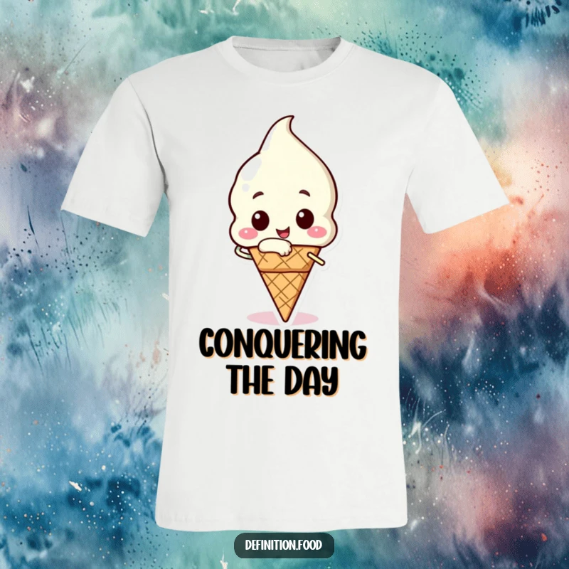 Funny ice cream t-shirt with a happy ice cream cone character taking a triumphant bite, celebrating sweet moments.