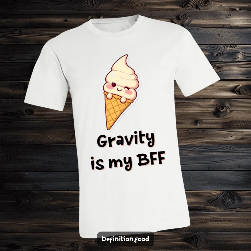 Funny ice cream cone character joyfully sliding down a waffle cone, printed on a hilarious and comfortable t-shirt.