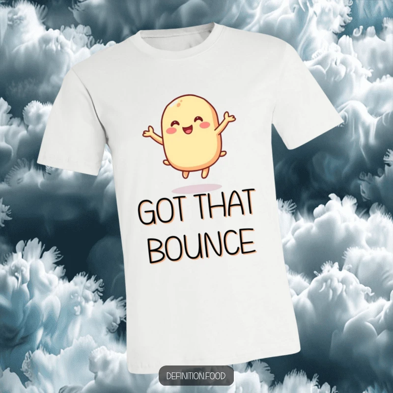 Funny t-shirt featuring a macaroni character gleefully bouncing, perfect for foodies and a funny gift.