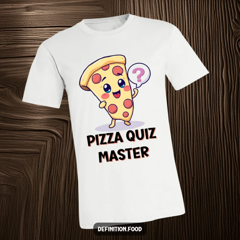 Funny pizza slice character t-shirt, posing a quiz, ideal for trivia enthusiasts.