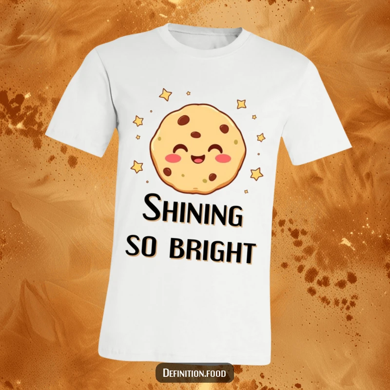 Funny smiling cookie character with tiny stars falling around it on a t-shirt, radiating joy and a touch of magic.