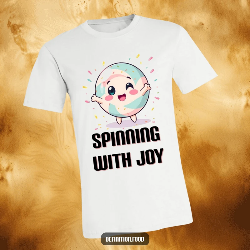 Funny t-shirt with a spinning candy character covered in sprinkles, showcasing a cheerful and humorous sweet design.