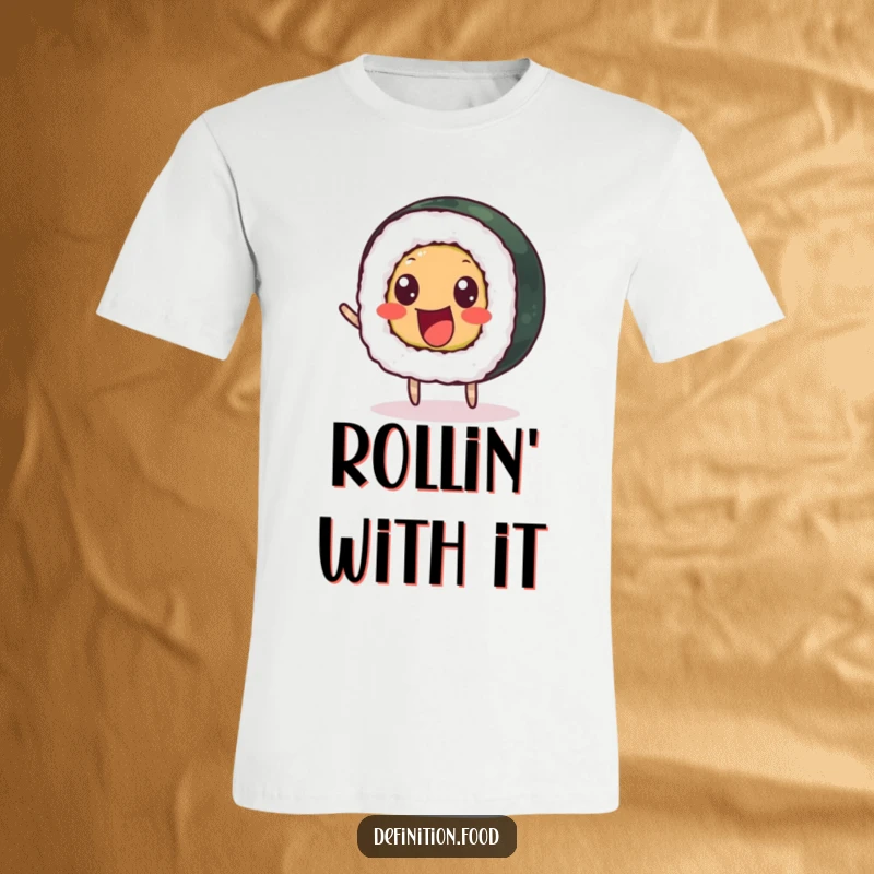 Funny t-shirt with a delighted sushi roll and beady eyes bouncing happily, suitable for casual wear.