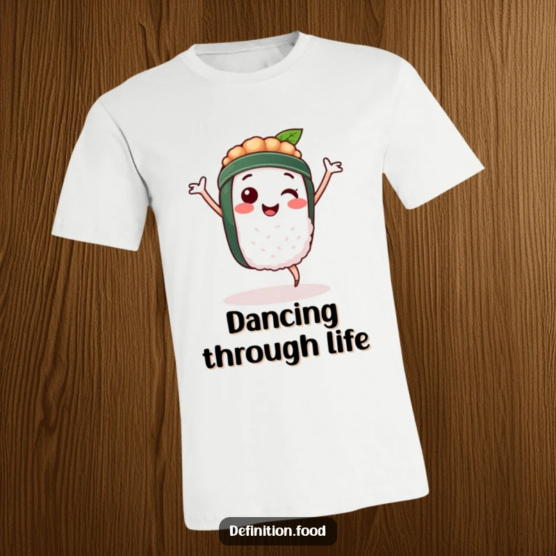 Funny t-shirt depicting a cheerful sushi character performing an energetic happy dance, radiating pure delight and culinary enthusiasm.