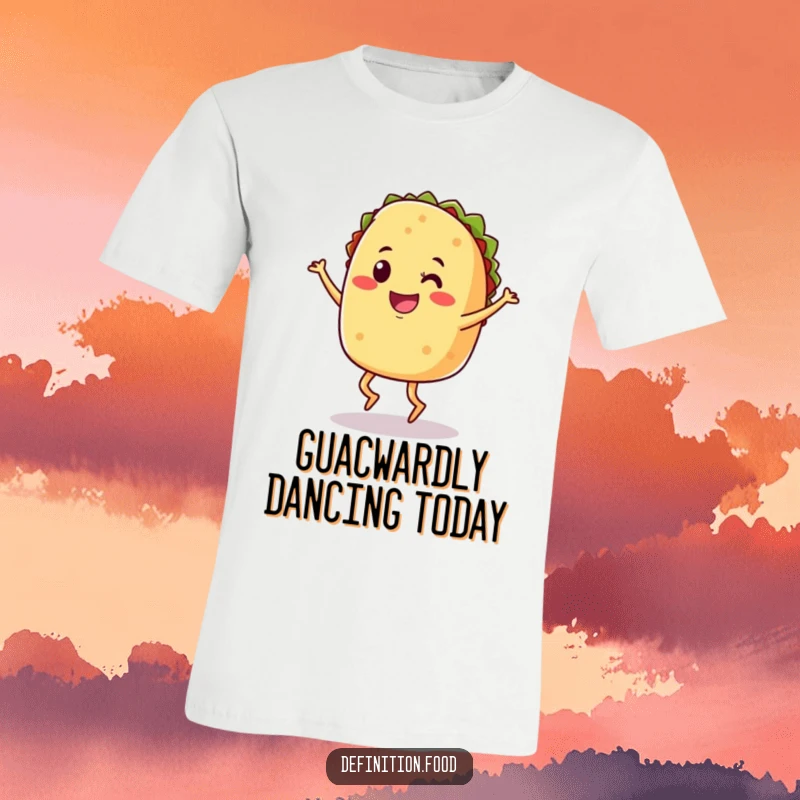 Funny t-shirt featuring a smiling taco with legs performing a joyful jig, ideal for casual wear.