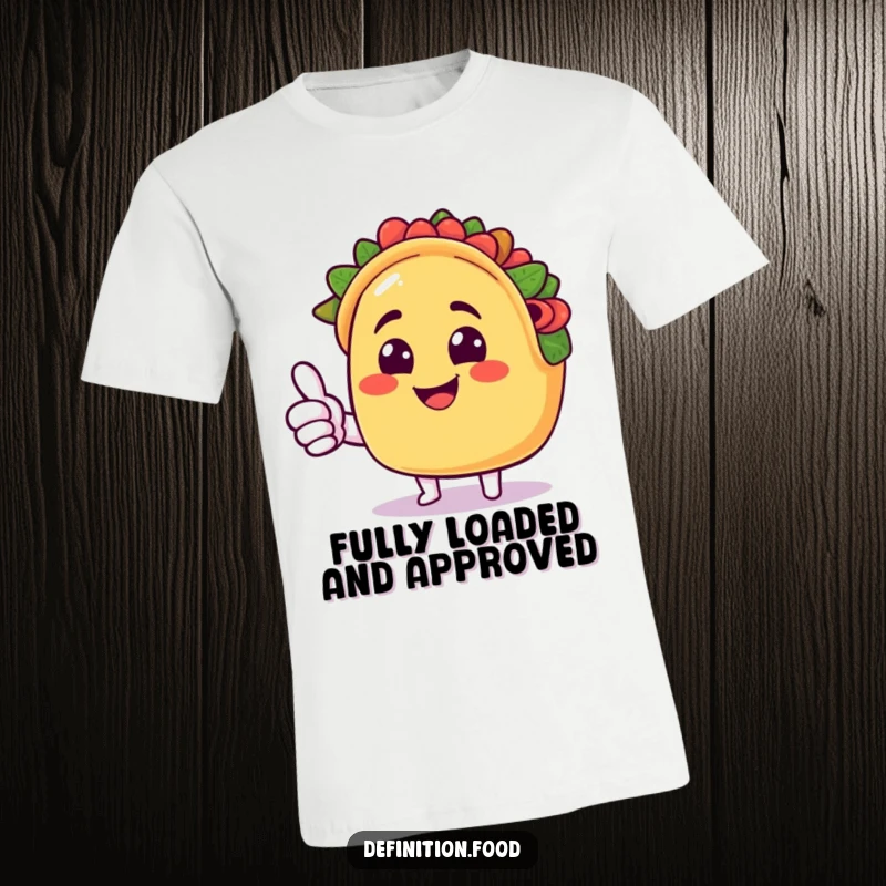 Funny taco t-shirt featuring a smiling taco character giving a cheerful thumbs up, perfect for casual, fun wear.