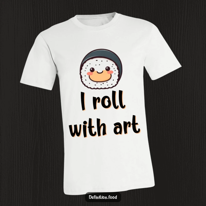 Funny sushi roll t-shirt, a cheerful sushi character presenting a small, abstract food shape, artistic and humorous.