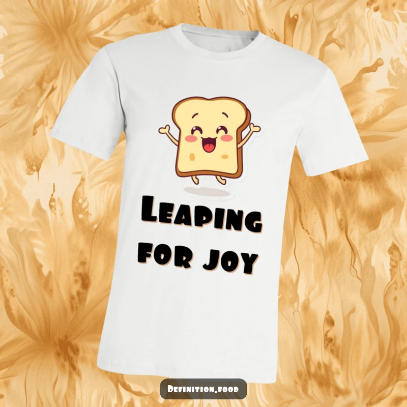 Funny surprised toast t-shirt with a smiling slice of buttered toast doing a dynamic, joyful leap.