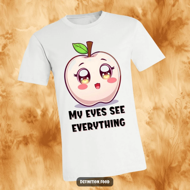 Funny T-shirt featuring a candy apple character with huge, sparkling eyes, conveying a sense of delightful, sweet surprise.
