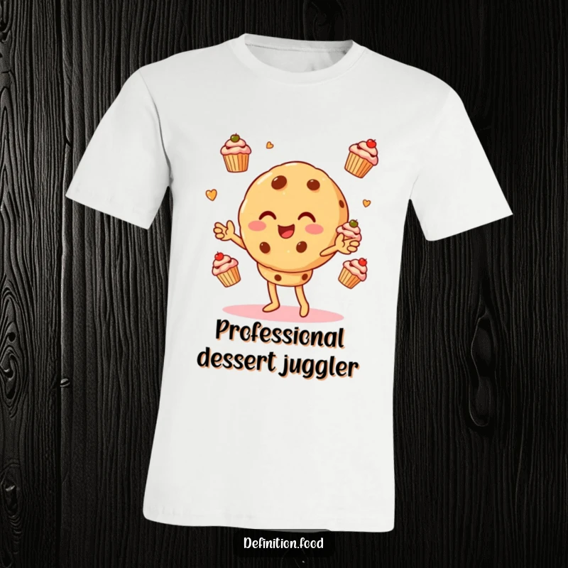 Funny t-shirt with a happy cookie character performing an impressive juggle of tiny cupcakes, demonstrating pure confectionery chaos.